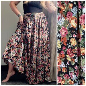 Vintage 90s Dark Floral Pleated Broomstick Maxi Skirt Peasant Elastic Waist L/XL